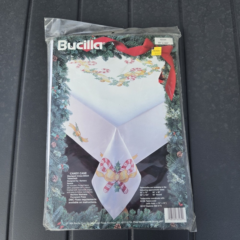 BUCILLA 83164 Cross-Stitch Tablecloth Kit Candy Cane CHRISTMAS "60x104". Read